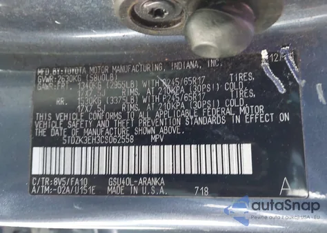 2012 Toyota Highlander Base V6 z USA, uszkodzony, nr VIN 5TDZK3EH3CS062558